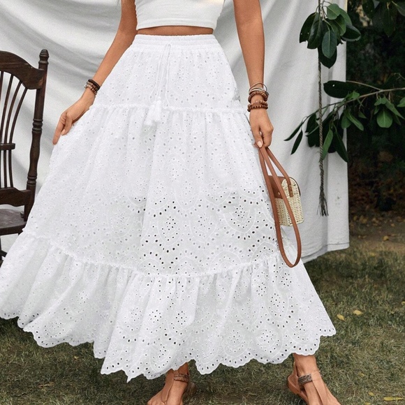 Boho White Eyelet Tassel Ruffle Maxi Skirt - Picture 2 of 8